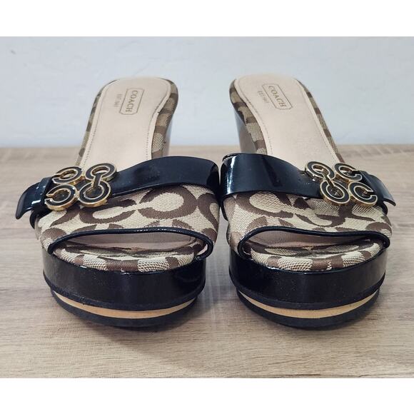 Coach Geri Brown Canvas Patent Leather Wedge 3.5" Heel Sandals Women Size 6.5 B - Picture 5 of 13